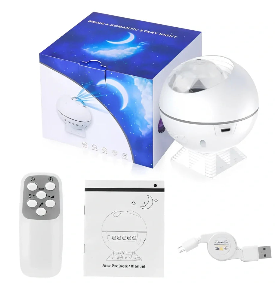 White spherical voice control LED star projection lamp with 9cm diameter and USB cable