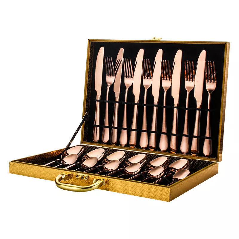 Stainless steel 24-piece tableware set with knives, forks, and spoons in rose gold, black, and gold