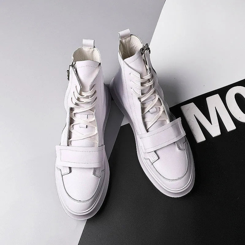 PU leather men's ankle boots in black and white, high-top sneaker style with microfiber upper, sizes 38-43