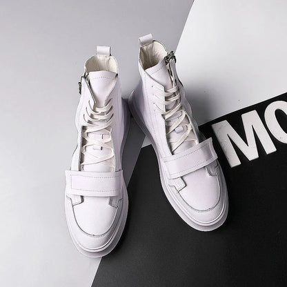 PU leather men's ankle boots in black and white, high-top sneaker style with microfiber upper, sizes 38-43