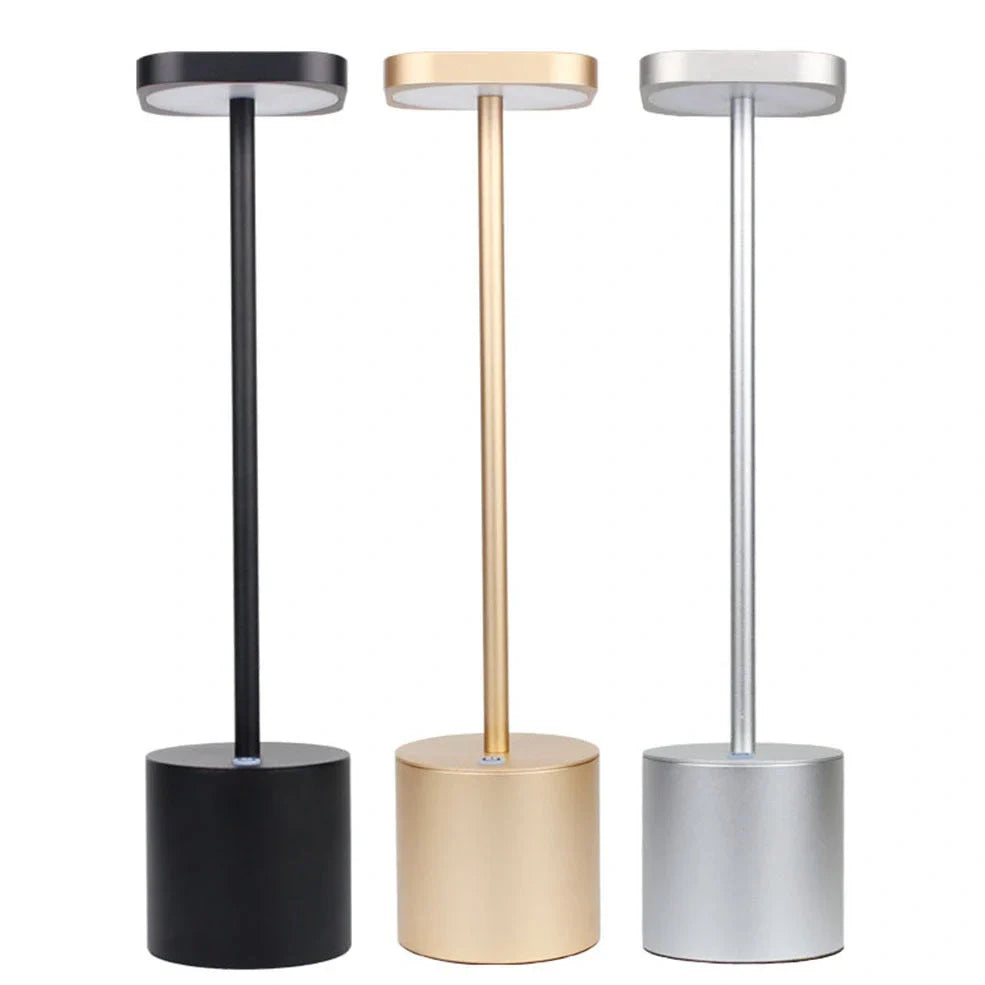Gold LED table lamp with 38.5cm aluminium body and acrylic shadow showing 20 LED beads