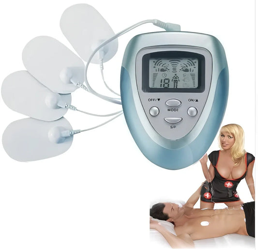 Blue electric muscle stimulator controller with 4 electrode pads and cable for muscle tension relief
