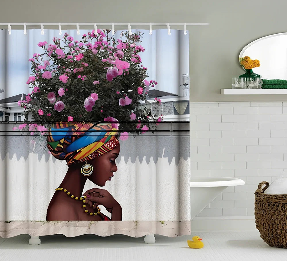 Black Is Art waterproof PEVA shower curtain showing 180cm width with reinforced grommet holes