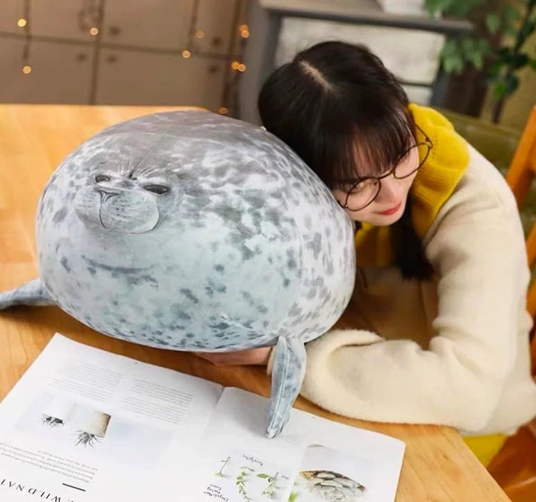 Large seal pillow doll plush toy in white and grey, various sizes available