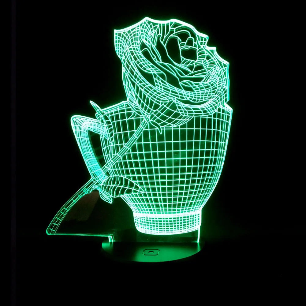 3D rose-shaped night light showing multiple colour options with remote control and USB cable