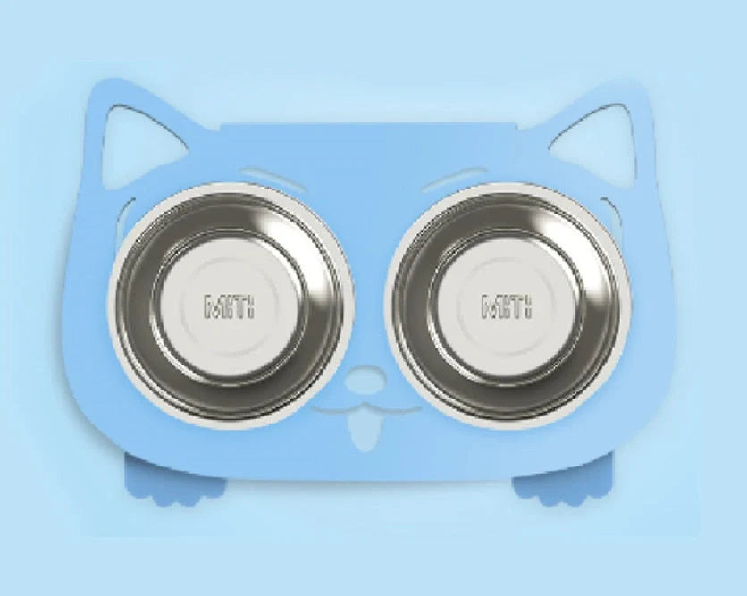 Elevated anti-spill pet food and water bowls in various color options, featuring a sleek and inclined design to prevent spills and keep meals fresh.