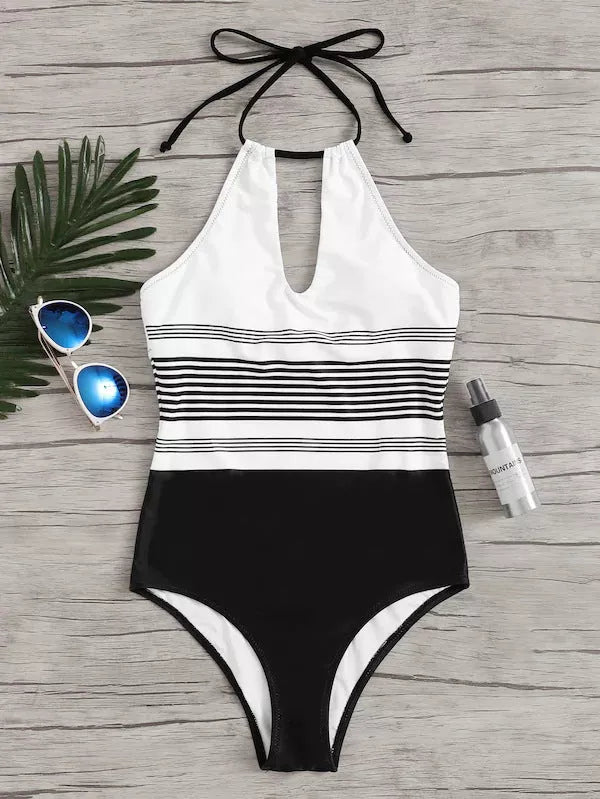 Black one-piece striped swimsuit for women, made from durable nylon