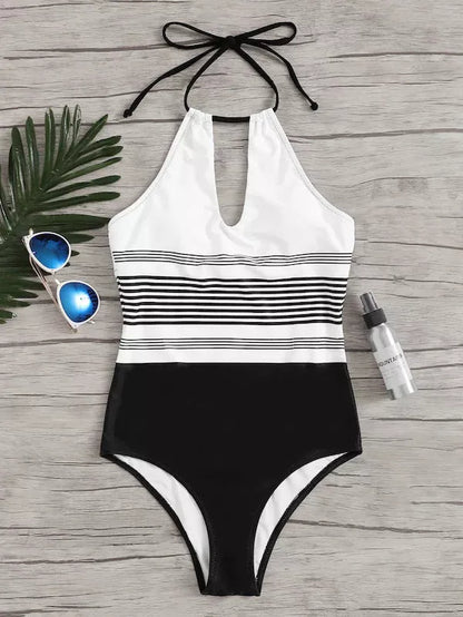Black one-piece striped swimsuit for women, made from durable nylon