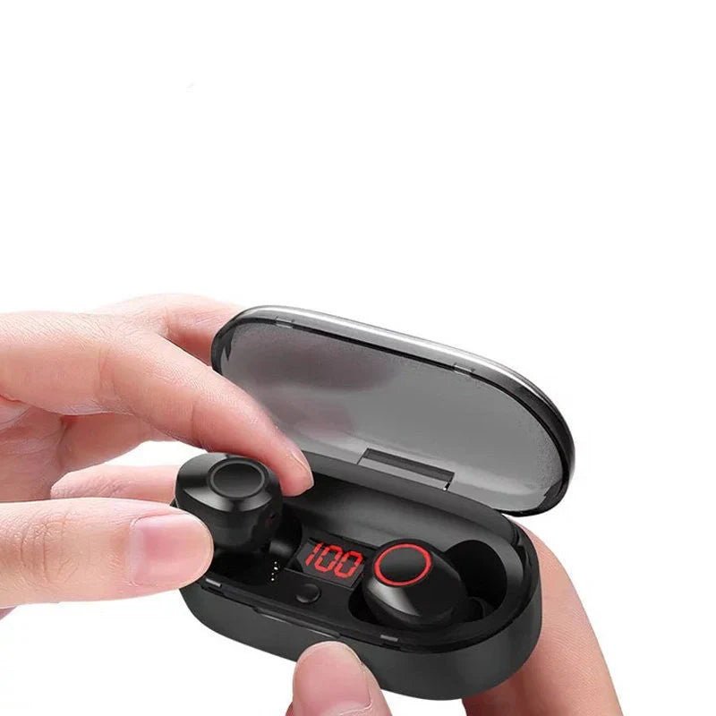 J29Tws Bluetooth headset in red, blue, black, and white with digital display