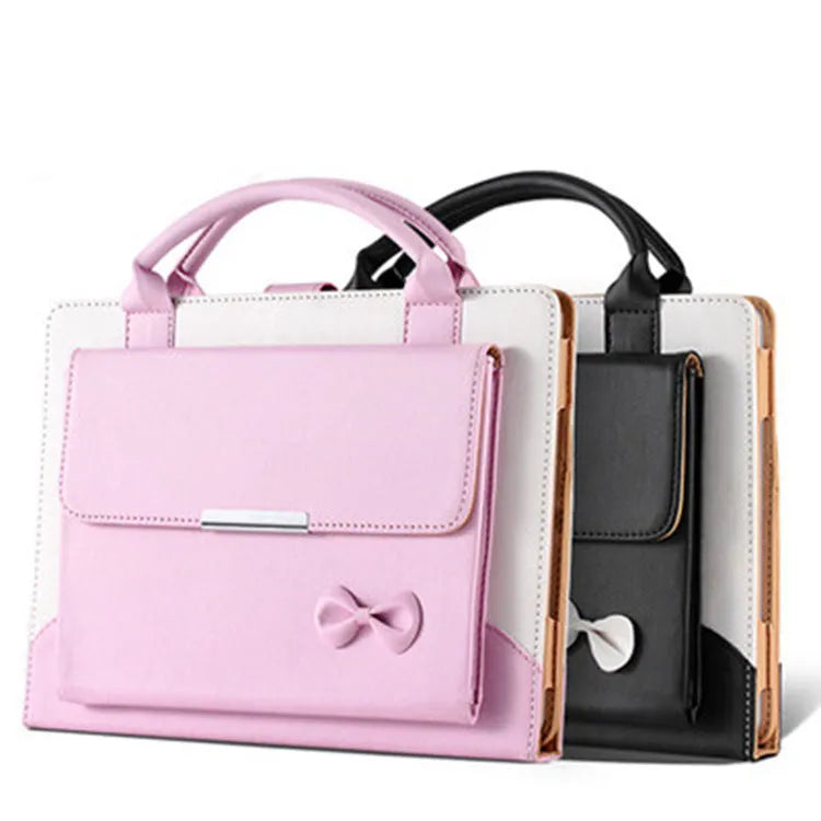iPad case in black imitation leather with wallet style and bow handbag detail, compatible with iPad Air Pro Mini