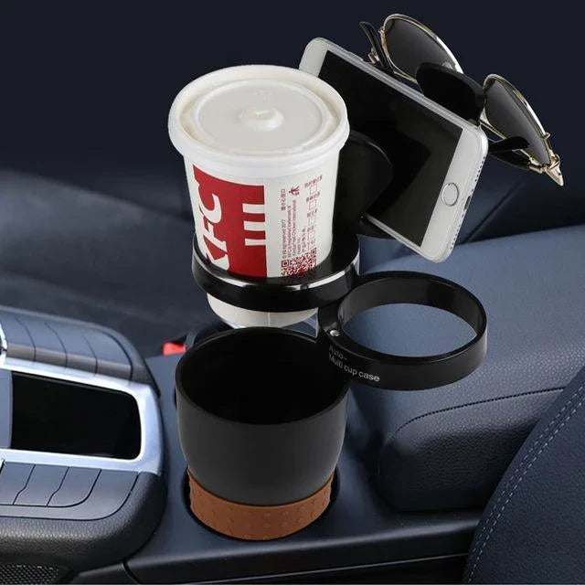 Versatile car cup holder made of ABS plastic and rubber, with a rotatable design to hold cups, bottles, and small items securely in your vehicle.