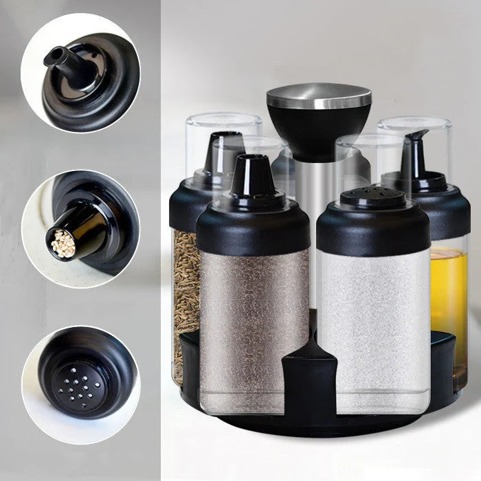 Glass rotating seasoning box set with anti-leakage design on kitchen counter
