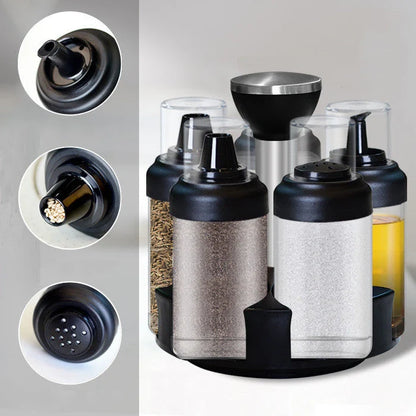 Glass rotating seasoning box set with anti-leakage design on kitchen counter