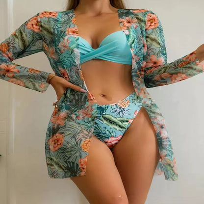 European and American three-piece swimsuit set in polyester for swimming and wading