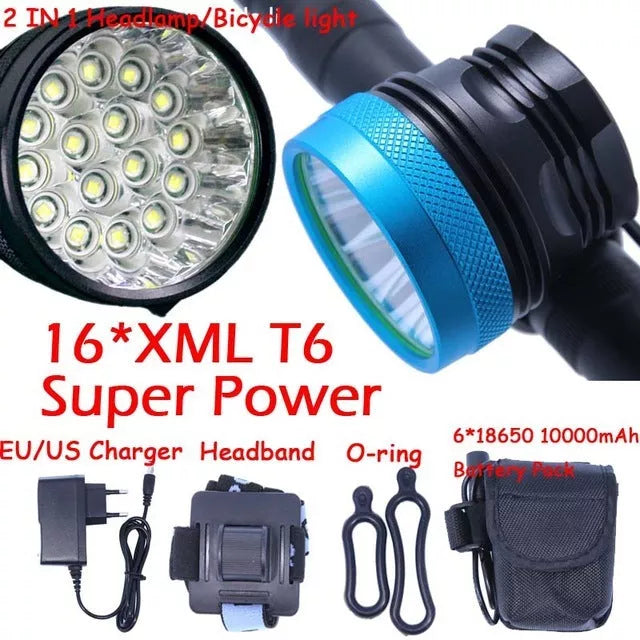 Sixteen Light Bicycle Headlight with 16 T6 lamp beads and 250-meter range in red, blue, or black