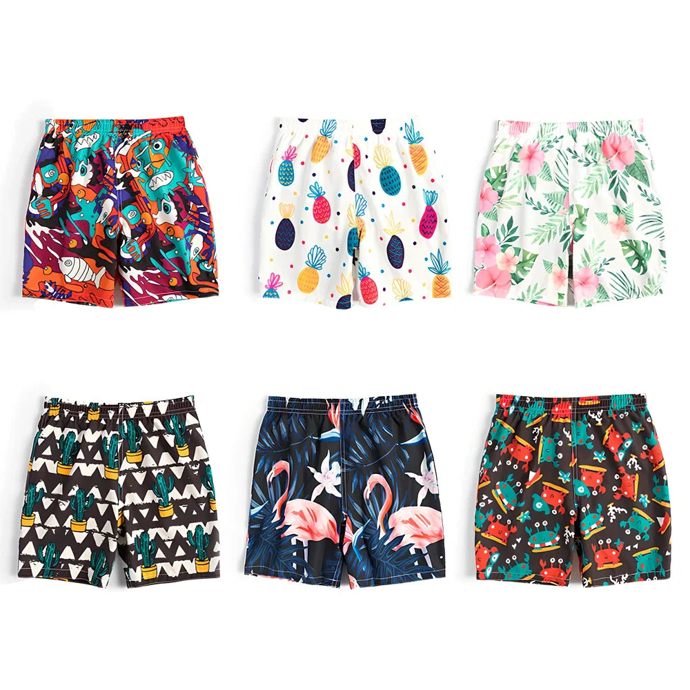 Children's quick-dry swimming trunks with cactus pattern, elastic waistband, boxer-style design