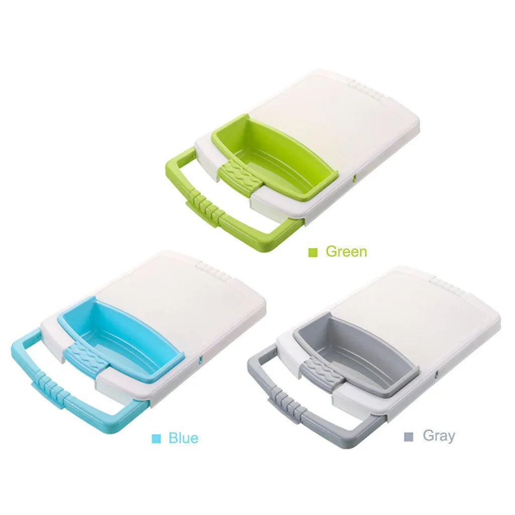 Green multifunction cutting board with drainage holes and storage trough mounted on a kitchen sink.