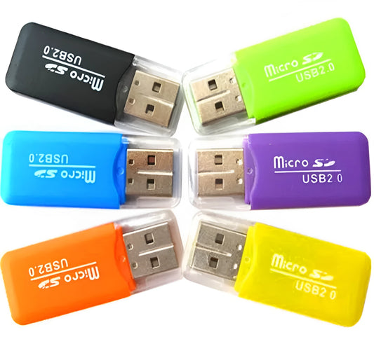 White Mini USB card reader with both a microSD and an SD card inserted into its dual slots.