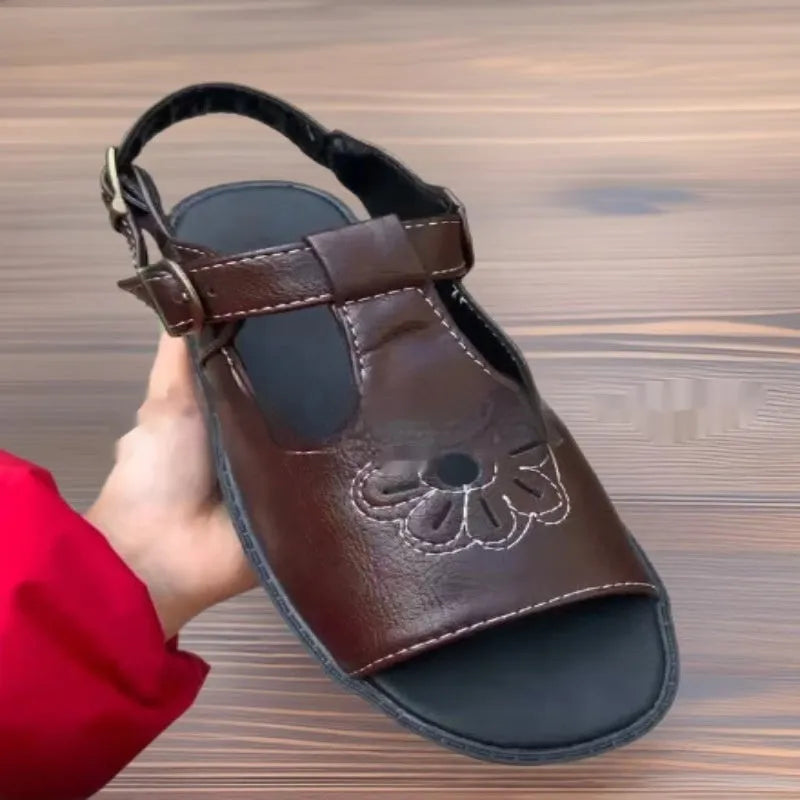 Men's black embroidered flower beach sandals with flat heel design on size chart