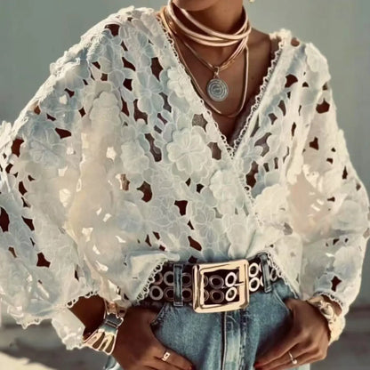 Polyester lace cardigan with three-dimensional floral decoration, V-neck, and long sleeves in loose street fashion fit