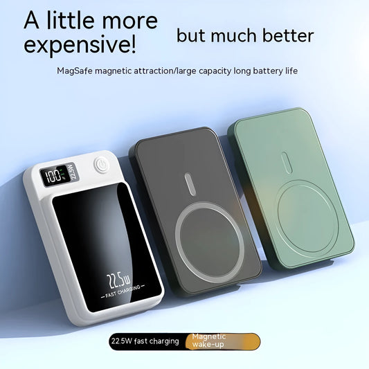 Magnetic wireless power bank for MagSafe iPhones in black, white, purple or green with fast charging capability