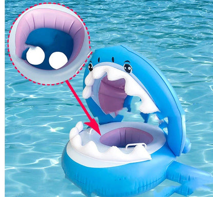 Inflatable shark seat ring for kids with sun awning, blue color