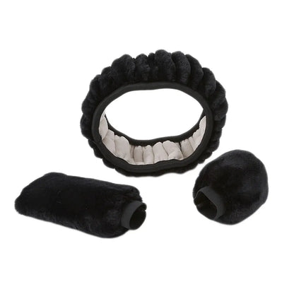 Plush winter car steering wheel cover set in six colours with matching brake and gear lever covers.