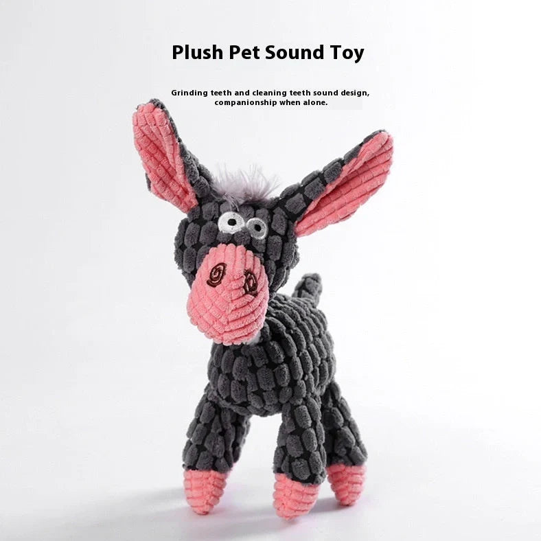 Bite-resistant puppy plush toy with relieving molar design in multiple animal styles including donkey and duck variations