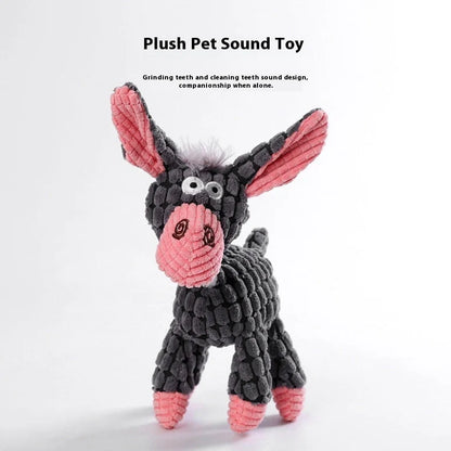 Bite-resistant puppy plush toy with relieving molar design in multiple animal styles including donkey and duck variations