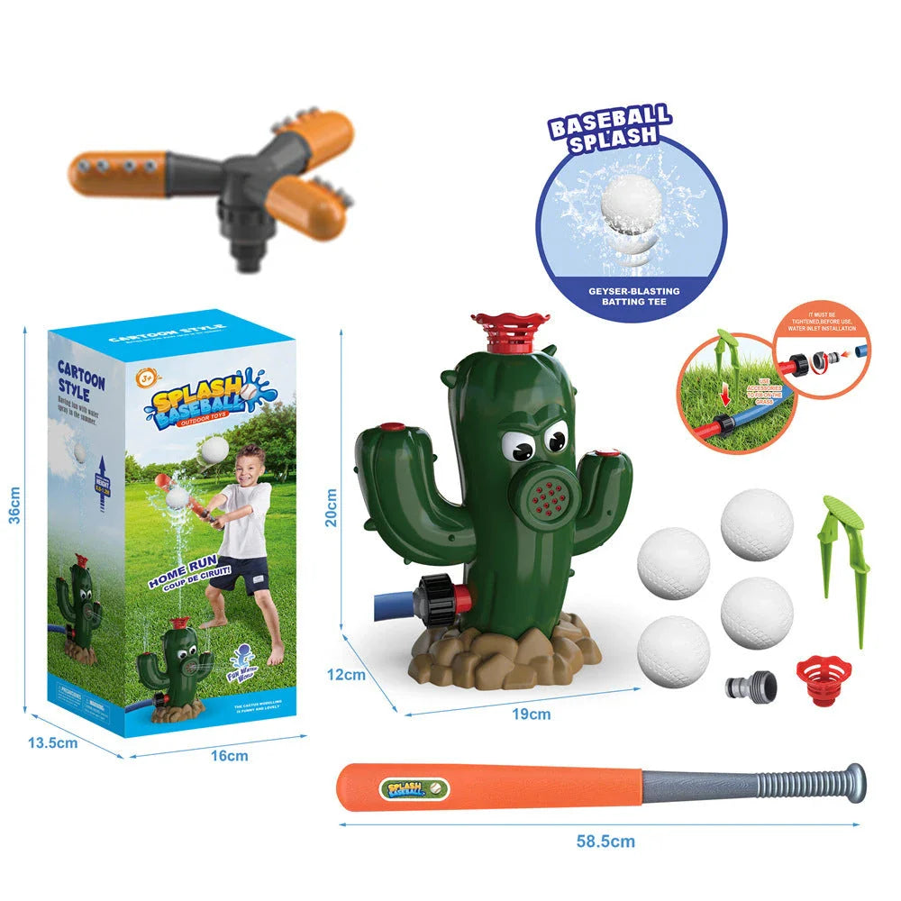 Colorful outdoor water sprinkler toy with cactus-shaped design for kids to enjoy in the backyard