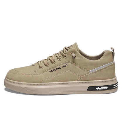 Men's khaki waterproof casual shoes with round toe and rubber sole for work and leisure.