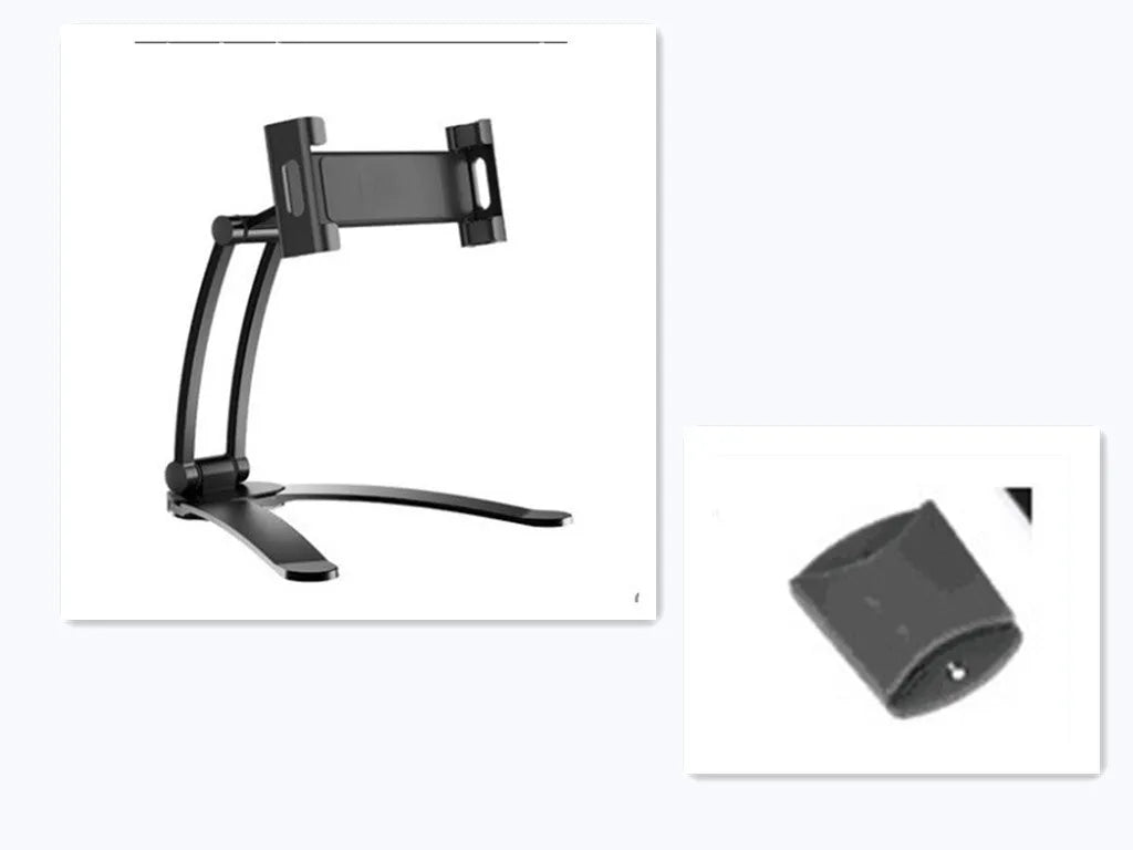 Aluminium alloy desktop tablet stand with adjustable clips on a 23.5cm base, holding a tablet at an angle