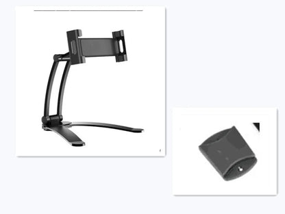 Aluminium alloy desktop tablet stand with adjustable clips on a 23.5cm base, holding a tablet at an angle