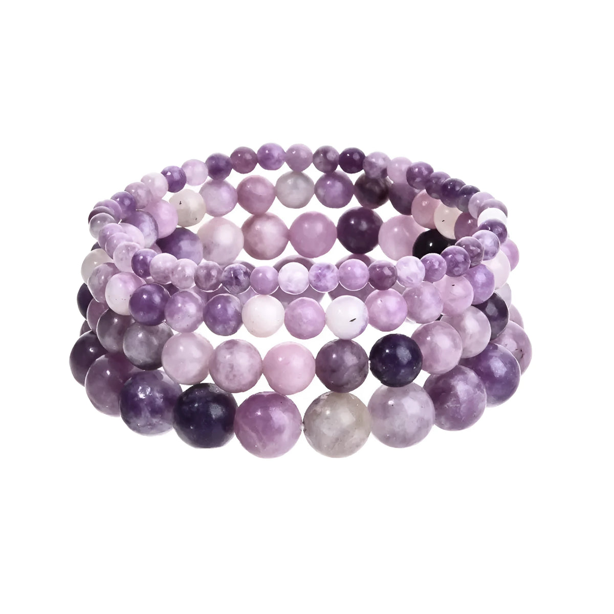Purple geometric stone bead bracelet on an elastic band, showing manual craftsmanship.