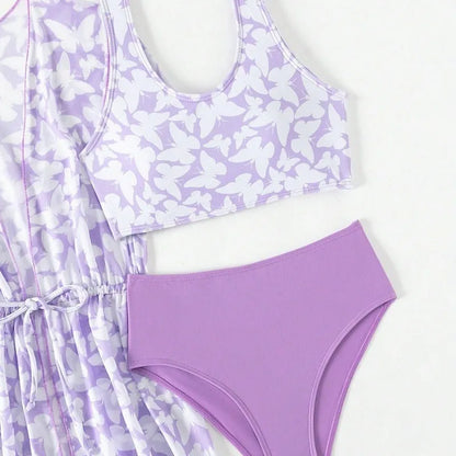 Girls' three-piece split cover print swimsuit set in colour 3218, sizes 8Y to 12Y.