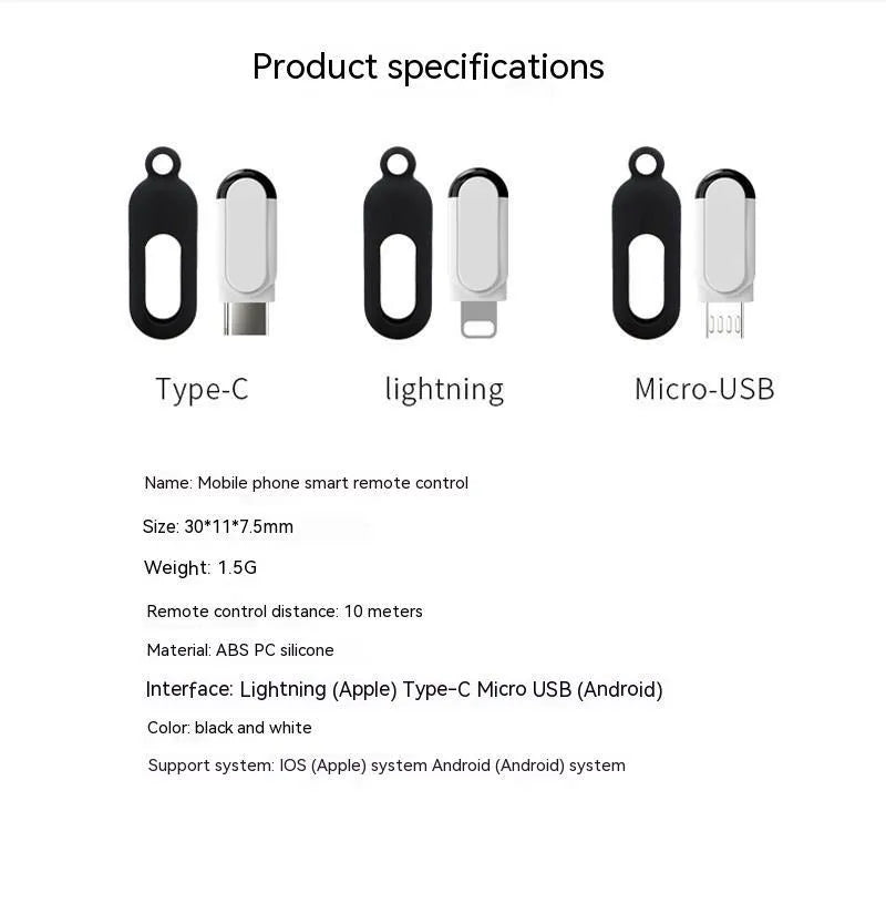 Smartphone infrared emission remote control with Type-C, Micro-USB, or Apple Lightning interface, 30x11x7.5mm, key ring and silicone cover