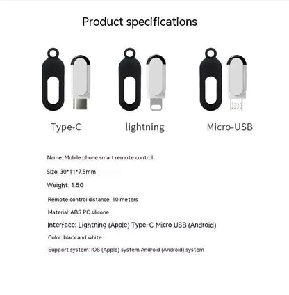 Smartphone infrared emission remote control with Type-C, Micro-USB, or Apple Lightning interface, 30x11x7.5mm, key ring and silicone cover