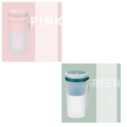 Portable USB rechargeable blender cup in blue, green, or pink with 300ml capacity and detachable blades