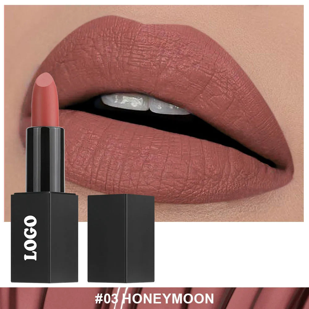 Beauty Does Not Fade matte finish lipstick in nonstick cup packaging, showing range of 24 colour shades.