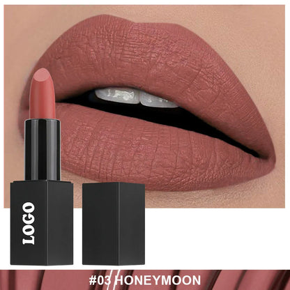 Beauty Does Not Fade matte finish lipstick in nonstick cup packaging, showing range of 24 colour shades.