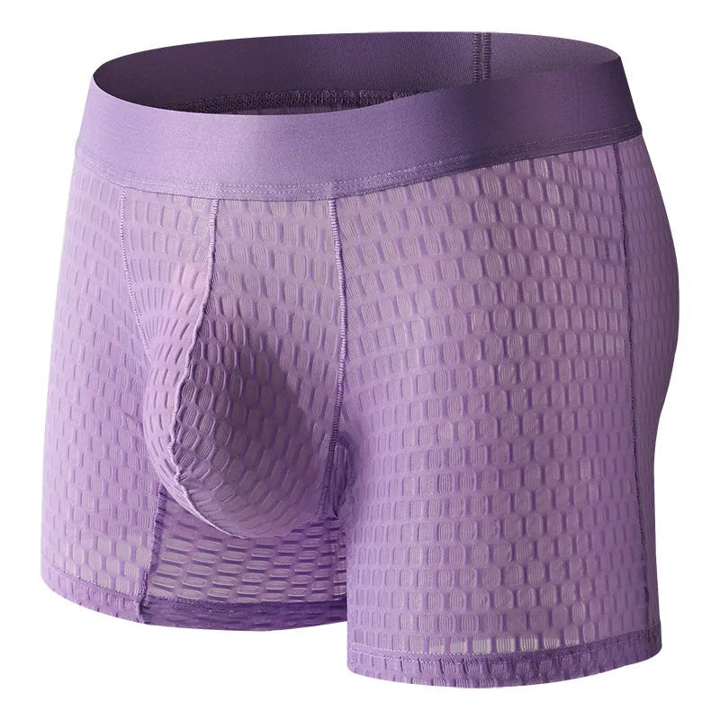 Men's low waist lace mesh boxer shorts in multiple colours on a white background.