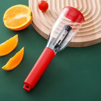 Red multifunctional peeling knife with 22cm stainless steel blade and protective storage tube for kitchen use