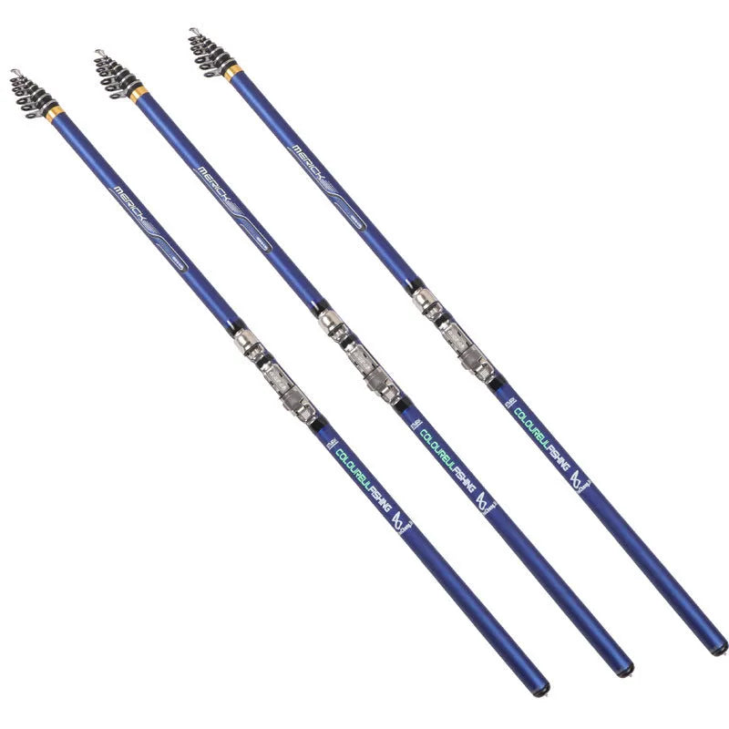 Blue carbon telescopic rock fishing rod for sea fishing, available in 3.6m, 4.5m, 5.4m, and 6.3m lengths