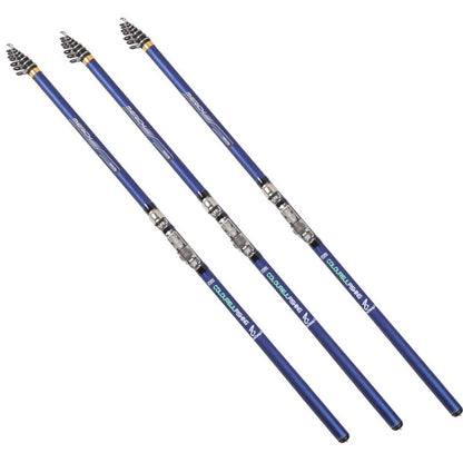 Blue carbon telescopic rock fishing rod for sea fishing, available in 3.6m, 4.5m, 5.4m, and 6.3m lengths