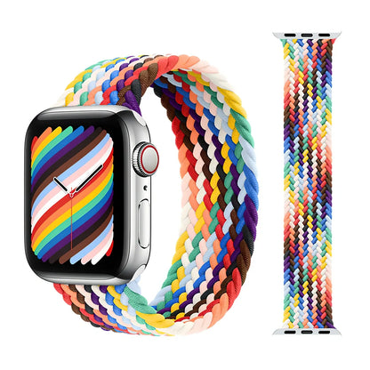 Apple Watch with elastic braided nylon strap in single-loop design showing stretch capability