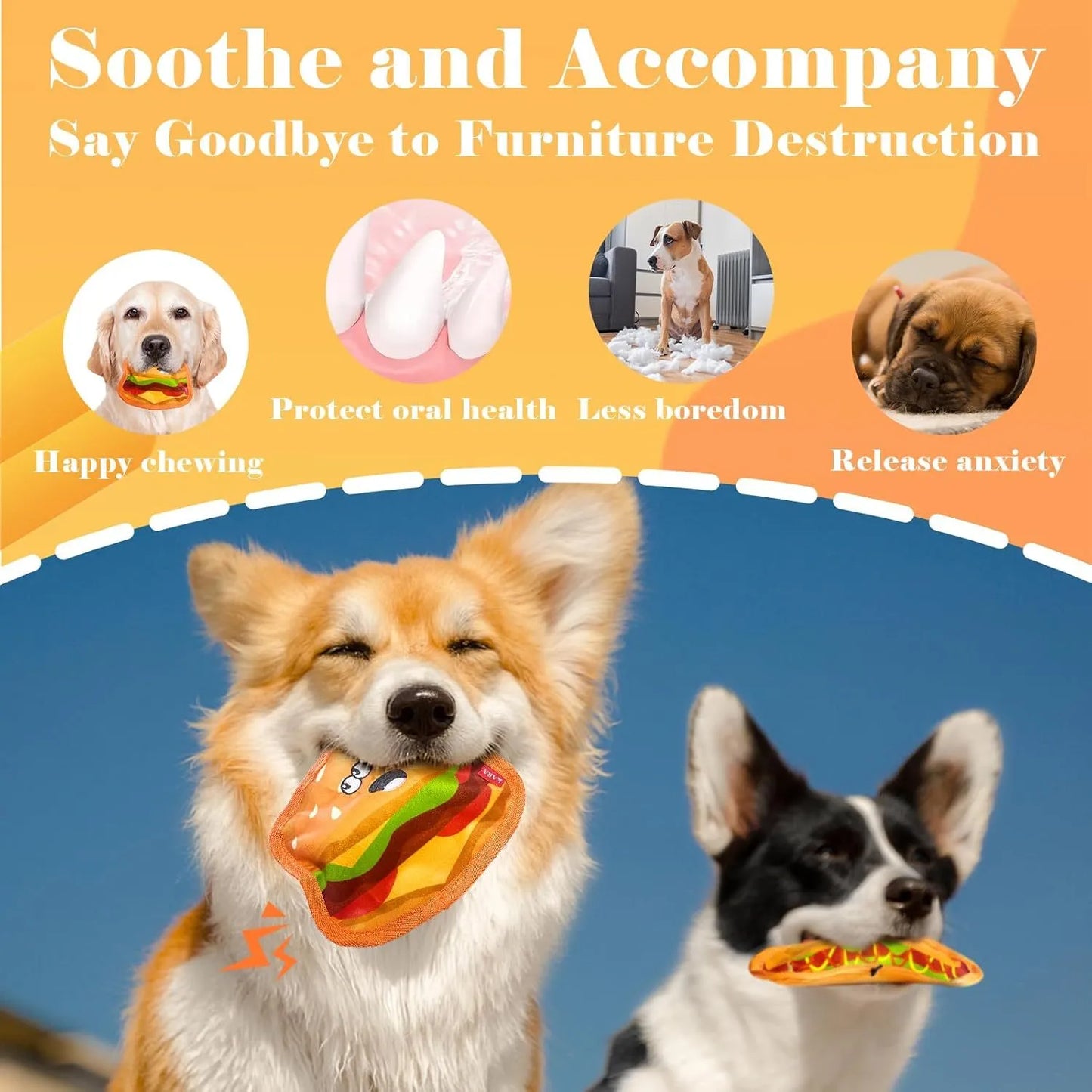Food-themed crinkle and squeak dog toy in hamburger design for interactive play