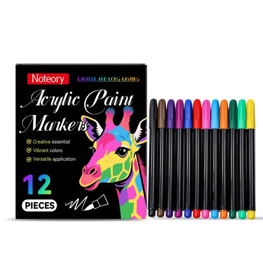 Set of 12 acrylic paint markers with coloured caps arranged in rainbow order on white background