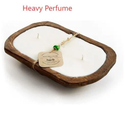 Retro wooden basin containing a lavender-scented soy wax candle with three visible wicks.