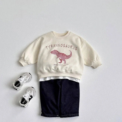 Children's beige sweatshirt with printed cartoon dinosaur design, pullover style without hood
