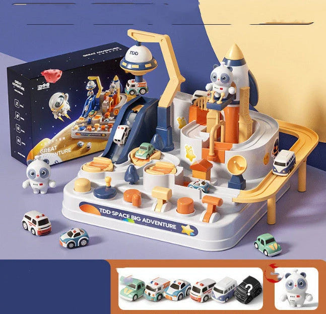 Space Adventure Puzzle Car Track toy with interlocking plastic pieces forming 33cm orbital circuit